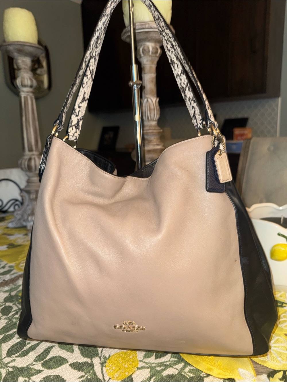 EUC Coach Leather Shoulder Bag w/ Black Panels & Snakeskin Dual Straps $498